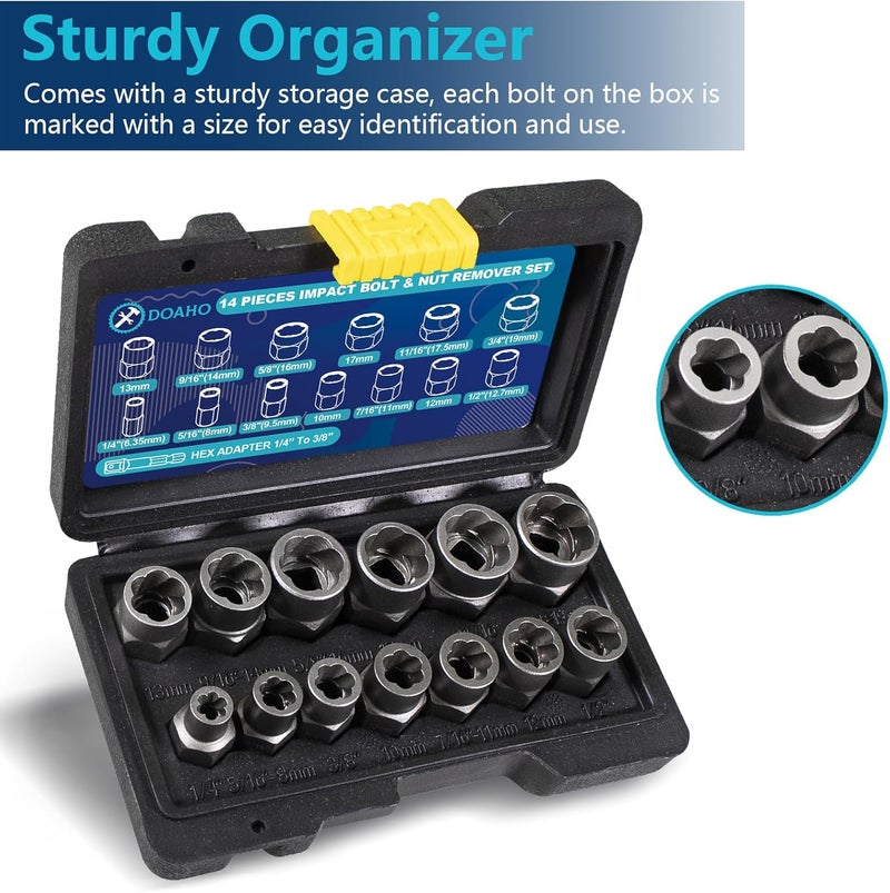 Doaho 13+1Pcs Impact Bolt Extractor Kit & Lug Nut Removal Tool, Cr-Mo Rounded Bolt Remover, Stripped Bolt Extractor Set with Solid Storage Case for Removing Damaged, Rusted, Nuts and Bolts - Image 5